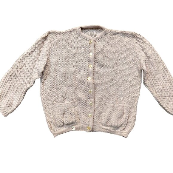 Vintage 1940s-1950s Beige/Light Brown 3/4 Sleeve Cardigan Front Pockets Sweater - Picture 2 of 9